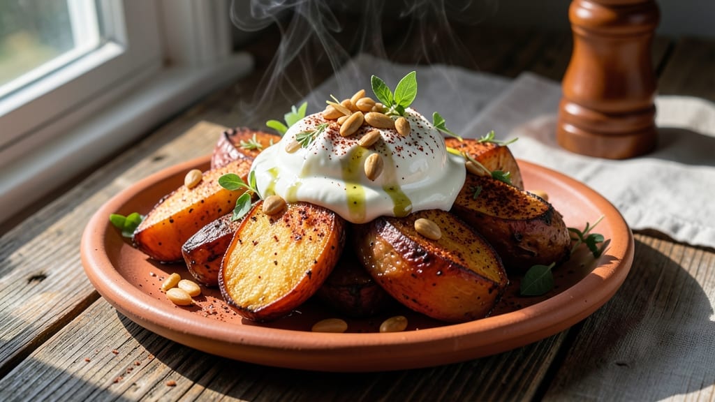 Turkish Sweet Potato Recipe: Spiced Yogurt and Pine Nut Crunch Topping