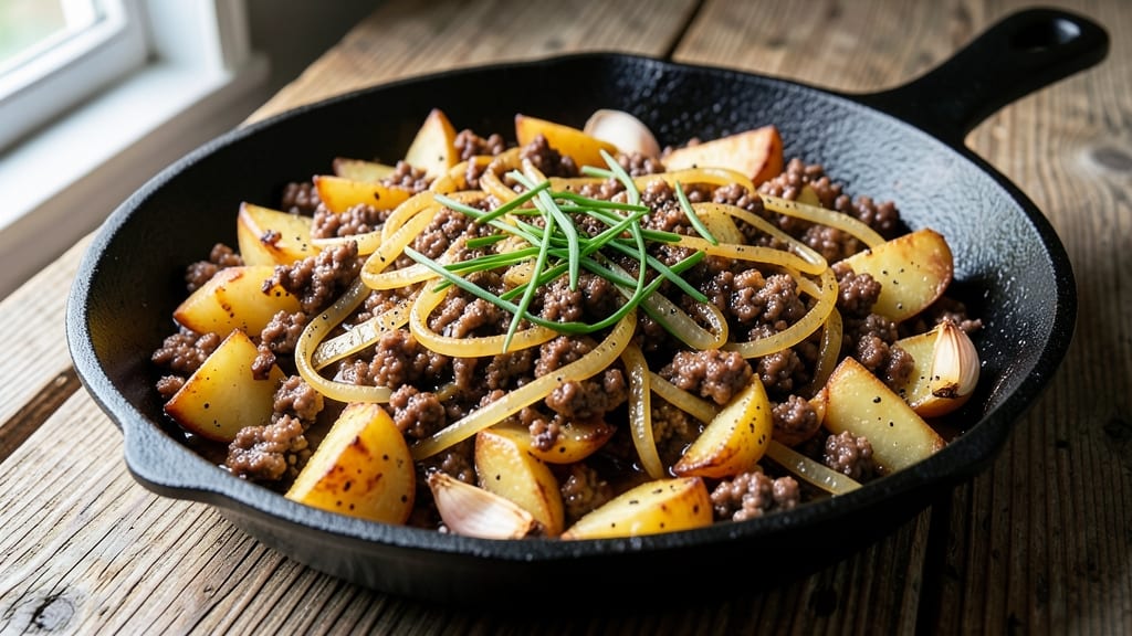 Ground Beef and Potato Hash Recipe: Crispy Pan-Fried Layers With Savory Beef Crumbles