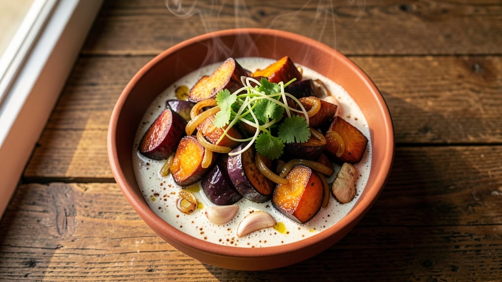 Sweet Potato and Eggplant Curry Recipe: Spiced Coconut Velouté With Charred Depth
