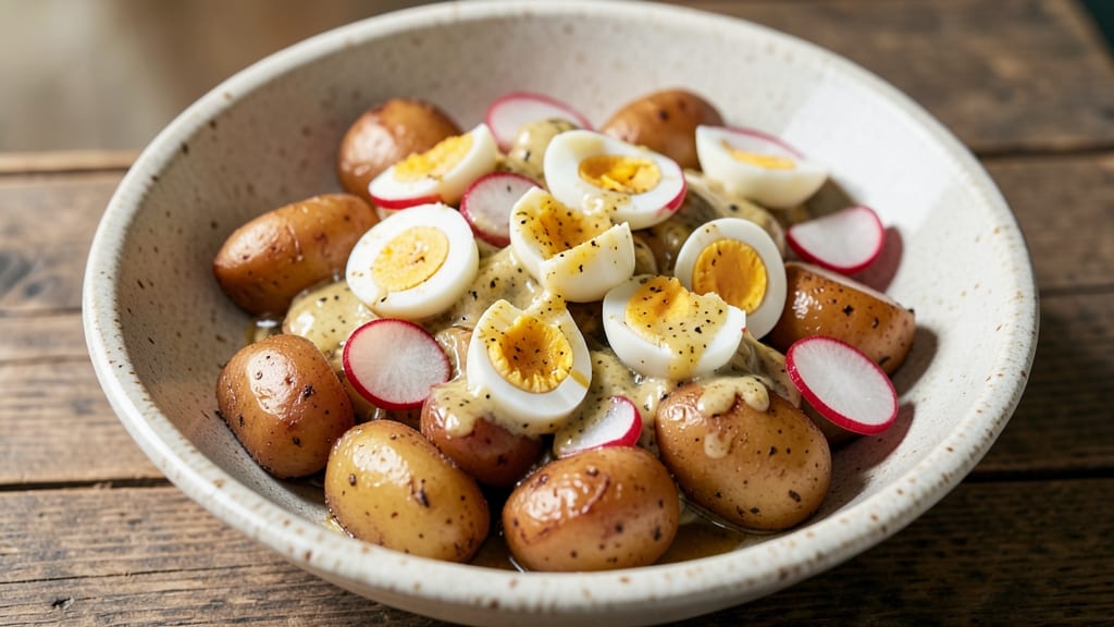 Potato Salad Recipe with Egg and Radishes: Crunchy Radish Bite and Creamy Egg Ribbons