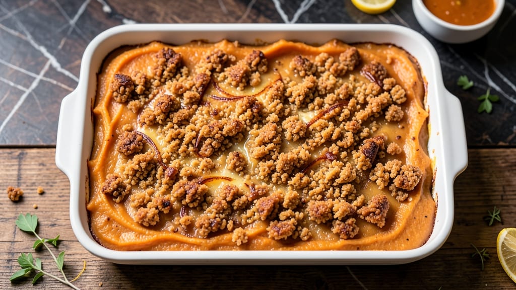 Streusel Topped Sweet Potato Casserole Recipe: Buttery Streusel Crunch Over Creamy Spice