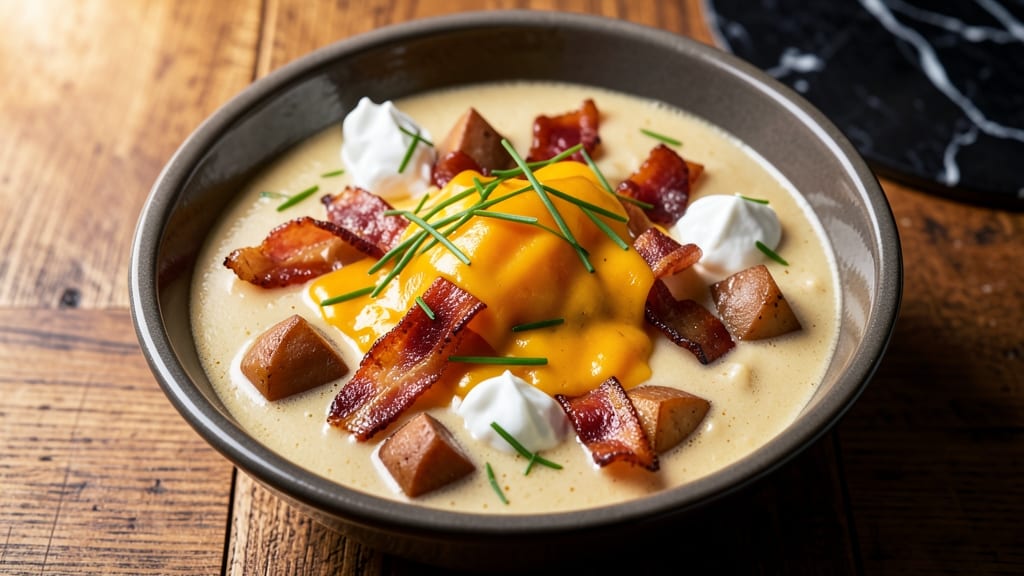 Best Ever Loaded Baked Potato Soup Recipe: Crunchy Top, Creamy Cheese Swirl Magic