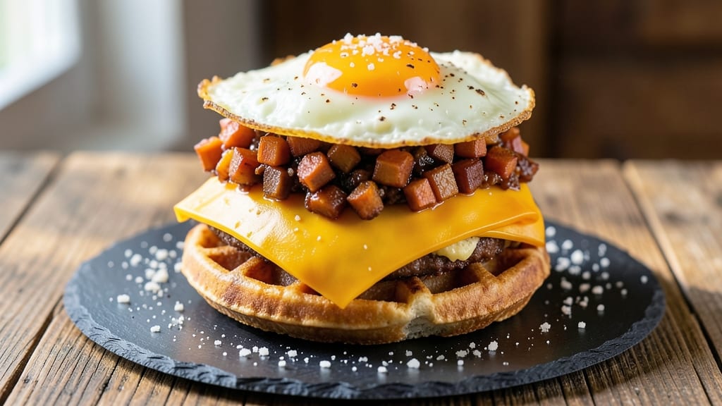 Sweet Potato Waffle Burger Recipe: Crispy-Lattice Top With Gooey Cheese Swirl