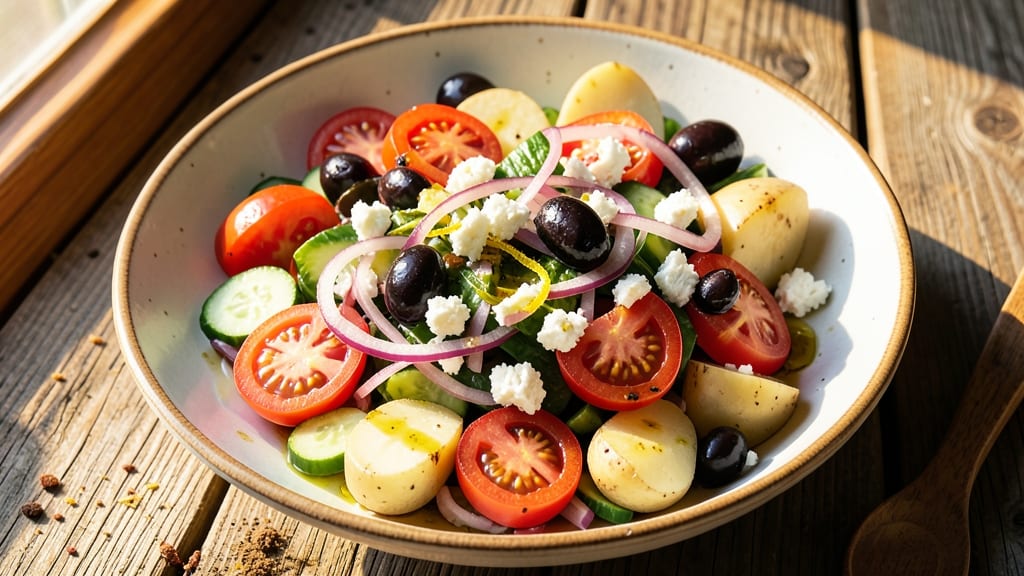 Authentic Greek Salad Recipe with Potato Salad: Mediterranean Fusion With Crunchy Cucumbers and Creamy Twist