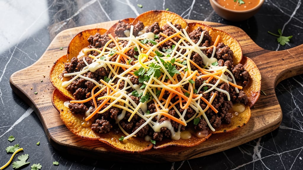 Sweet Potato Nachos Recipe with Ground Beef: Crunchy Top Cheese Loaded Bites