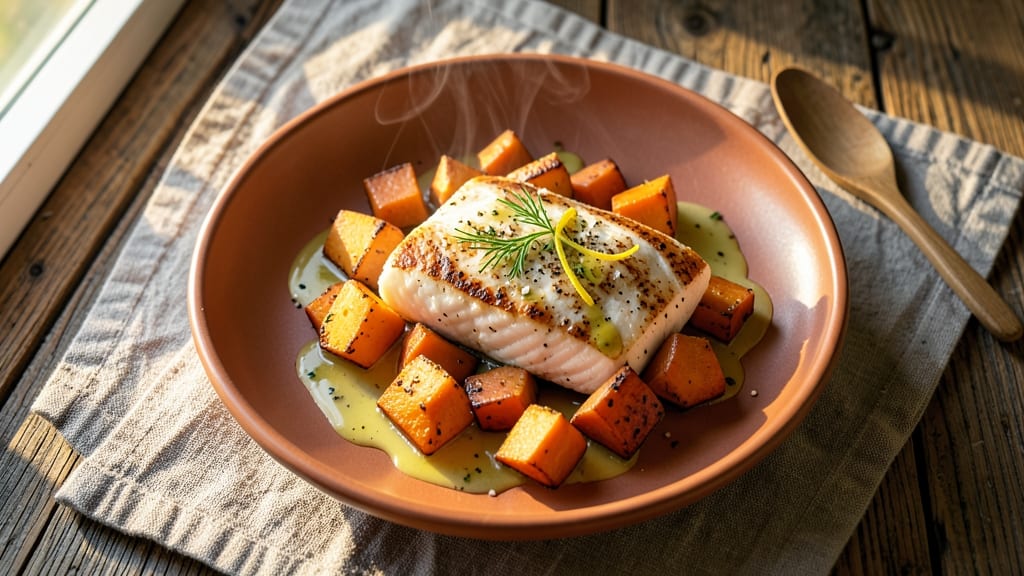 White Fish Sweet Potato Recipe: Pan-Seared Crispy Fish Over Caramelized Spuds