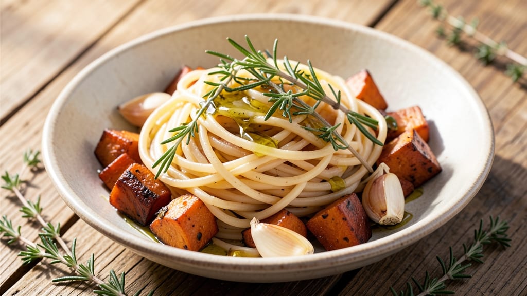 Spaghetti Squash And Sweet Potato Recipe: Roasted Trio With Caramelized Sweetness and Herby Crunch
